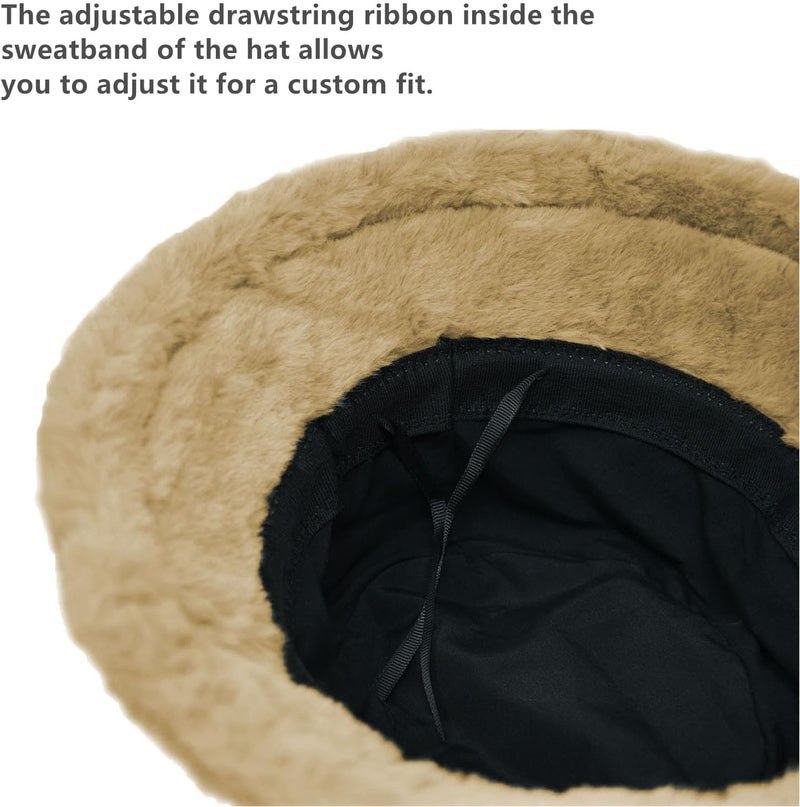 Glory Max Winter Fluffy Plush Bucket Hat Cozy Faux Fur Wide Brim Adjustable Size for Women - Image 4